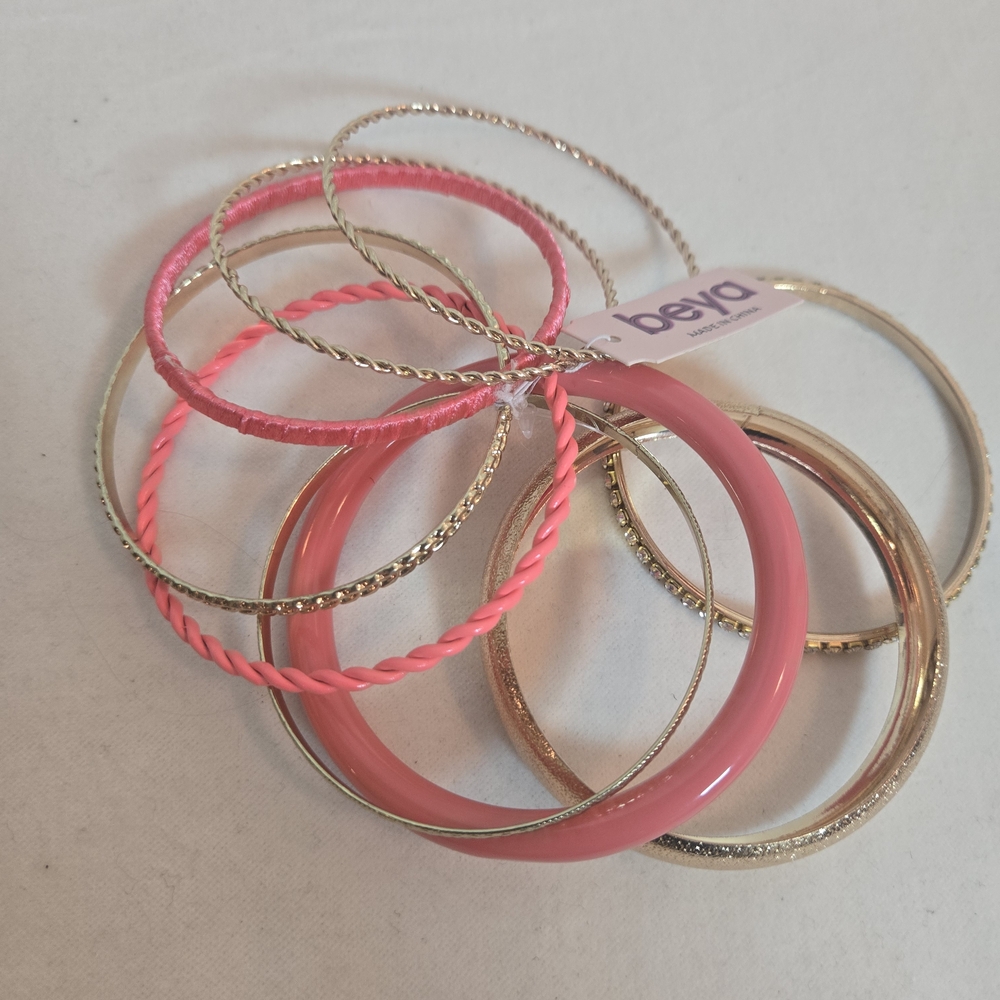 Set Of 8 Pink and Gold Bangle Set - Picture 2 of 6